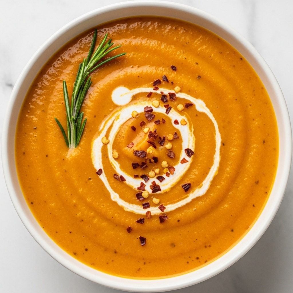 A close-up of a bowl of thick orange soup with a creamy swirl on top, sprinkled with small red chili flakes for texture and a sprig of green rosemary placed on one side as garnish. The soup fills the white bowl evenly, showing a slightly rough surface with visible small bits of herbs or spices throughout. The bowl is set on a white marbled texture that contrasts with the soup's warm color. photo taken with an iphone --ar 4:5 --v 7