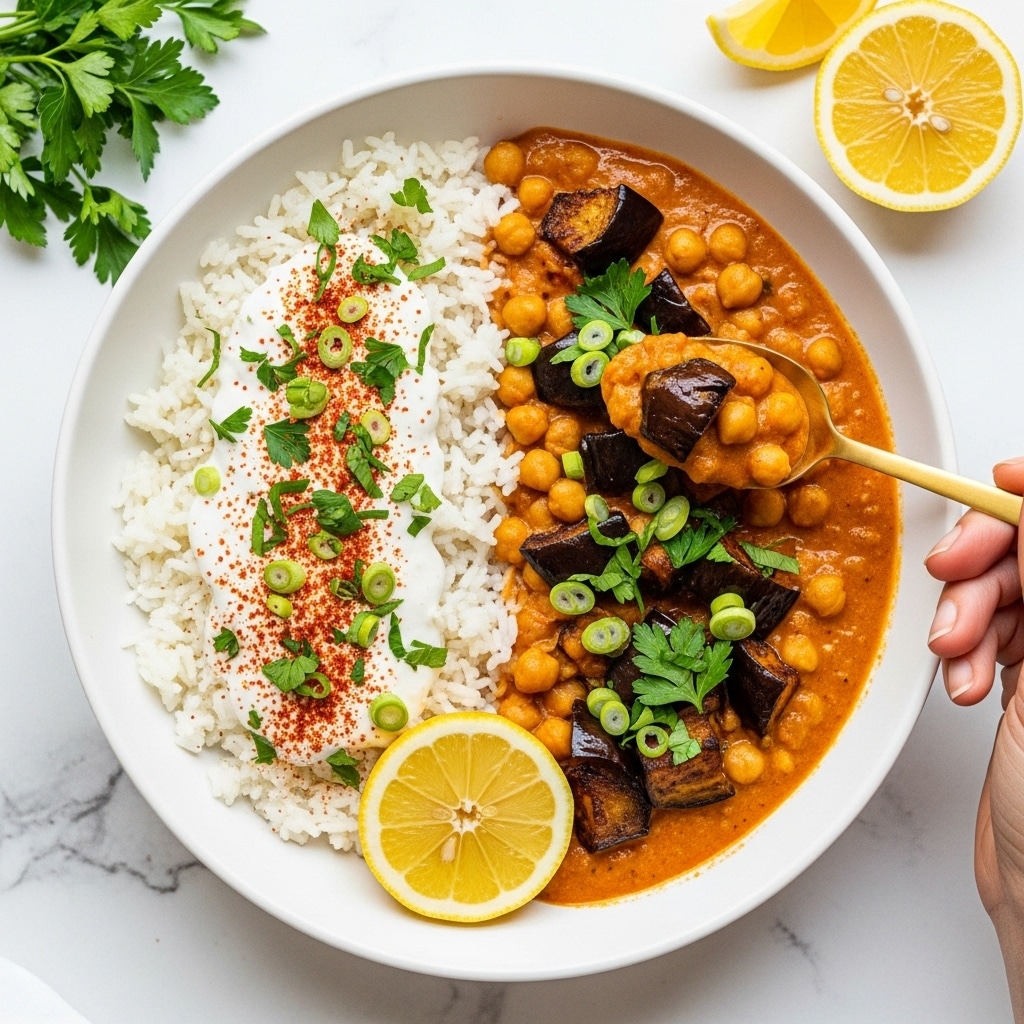 A white bowl with two main parts: on the left, a layer of white rice topped with a dollop of white sauce sprinkled with red spices and chopped green onions and parsley; on the right, a creamy orange chickpea curry with dark brown roasted eggplant chunks mixed in, garnished with more green onion slices and parsley. A wedge of lemon is placed near the rice on the bottom side of the bowl. A woman's hand holds a gold spoon scooping some curry from the right. The bowl sits on a white marbled surface with some fresh parsley and lemon wedges nearby. photo taken with an iphone --ar 4:5 --v 7