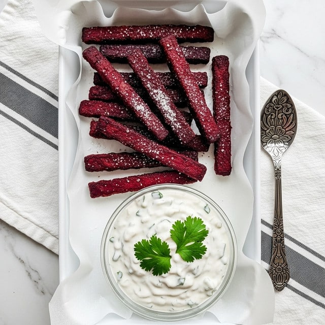 A white rectangular tray lined with white parchment paper holds several dark red, crispy-looking fry-shaped sticks seasoned with a light sprinkling of white powder, likely salt or cheese. At the bottom of the tray, there is a small clear glass bowl filled with thick white creamy dip that has small green herb pieces mixed in, and it is topped with two fresh green cilantro leaves. The tray is placed on a white marbled surface next to a white and gray striped cloth and a decorative spoon handle is partially visible on the side. Photo taken with an iphone --ar 4:5 --v 7