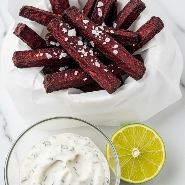 The image shows a small pile of dark reddish-brown fries with a crispy texture, sprinkled with coarse salt crystals on top. They are placed inside a white container lined with white parchment paper. In the foreground, a clear glass bowl contains a white creamy dip with small green herbs visible inside, and next to it is a fresh lime wedge with a bright yellow-green color. The background is a white marbled surface, giving a clean and simple look. photo taken with an iphone --ar 4:5 --v 7