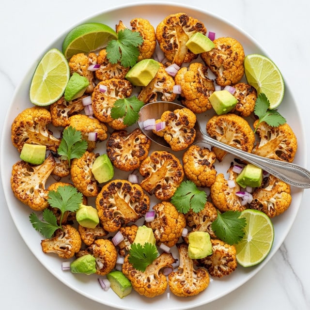 A white plate displays a single layer of roasted cauliflower pieces, each golden-brown with a slightly crispy texture. The cauliflower florets are topped with finely chopped purple onions and small green herb leaves scattered evenly. A lime half, bright green and fresh, is placed on the left side of the plate, partially resting on the cauliflower. The plate is set on a surface with a white marbled texture, adding a clean and simple background. Photo taken with an iphone --ar 4:5 --v 7