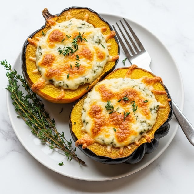 Two halves of roasted acorn squash sit on a white plate with a sprig of fresh thyme on the side. Each squash half has a dark green and lightly charred skin forming the outer layer, with a bright, golden-yellow roasted flesh holding a thick, bubbly layer of melted, browned cheese mixed with herbs on top. The warm cheese layer is golden and slightly crispy around the edges, sprinkled with small green herb leaves. A silver fork rests on the plate next to the squash, all placed on a white marbled texture surface. photo taken with an iphone --ar 4:5 --v 7