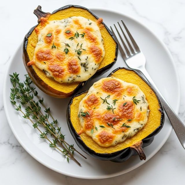 Two halves of roasted acorn squash are placed side by side on a white plate. Each squash half has three visible layers: the dark green and rough outer skin forming the base, a bright yellow roasted flesh layer, and a top layer of melted golden-brown cheese with herbs scattered across it. The cheese layer is bubbly and browned in spots, adding texture and a slightly crispy look. Fresh green herb sprigs are placed around the squash on the plate, with a silver fork resting near the top right edge of the plate. The scene is set on a white marbled surface. photo taken with an iphone --ar 4:5 --v 7