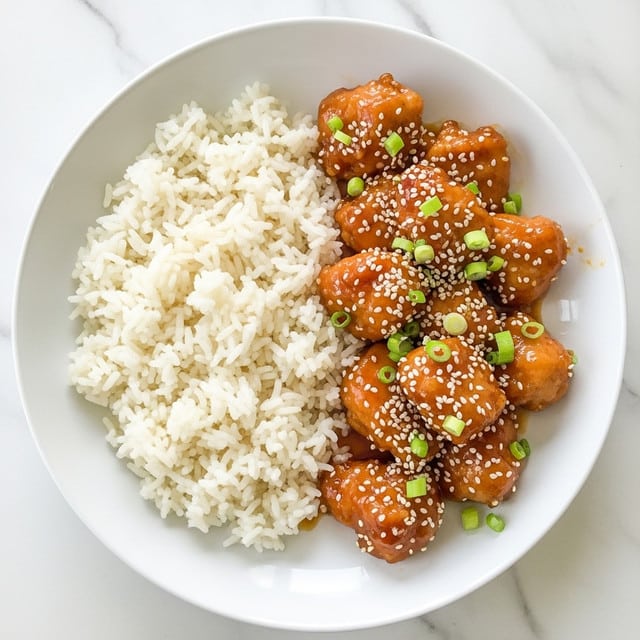 The image shows a white plate with two main parts: on the left, there is a pile of white rice with soft and fluffy texture, while on the right, there are pieces of chicken covered in a shiny orange-brown sauce. The chicken pieces are topped with small white sesame seeds and green chopped spring onions, adding a touch of color and texture contrast. The plate sits on a white marbled surface. photo taken with an iphone --ar 4:5 --v 7