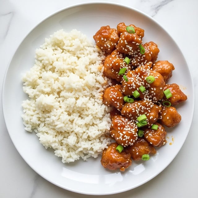 A white plate holds two main parts: on the left, a neat pile of white rice with soft, separate grains; on the right, a glossy layer of orange-brown pieces of chicken covered in a sticky sauce, each piece topped with small white sesame seeds and bright green chopped scallions scattered evenly over the chicken. The plate is set against a white marbled surface. photo taken with an iphone --ar 4:5 --v 7