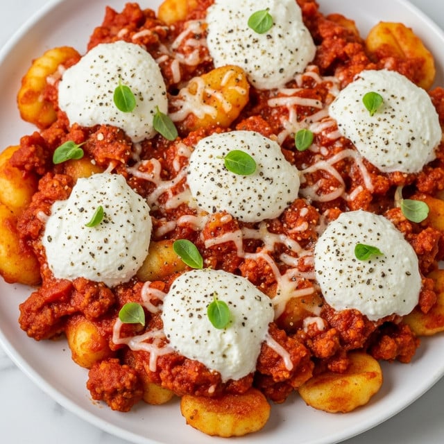 A close-up view of a baked gnocchi dish showing multiple pieces of soft, slightly browned gnocchi mixed well with a thick, bright red tomato sauce full of small chunks of cooked ground meat and melted cheese. Over the top, there are six visible dollops of creamy white ricotta cheese, some sprinkled lightly with black pepper. Small fresh green herb leaves are scattered on top, adding a fresh touch. The dish is presented on a white plate against a white marbled surface, with the warm colors of the sauce and cheese contrasting with the fresh green herbs. photo taken with an iphone --ar 4:5 --v 7