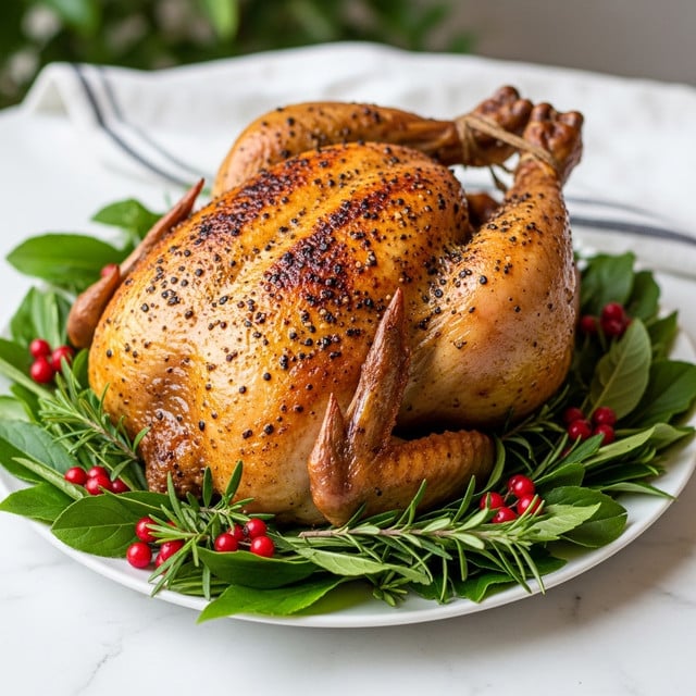 A whole roasted chicken with a golden brown, crispy skin covered in small black specks of seasoning sits on a white plate. The chicken is centered, with the plump body and legs visible, showing shiny, slightly oily texture. Around the chicken, there is a layer of fresh green herbs with broad leaves, smaller needle-like leaves, and scattered red berries, creating a colorful and fresh border. The plate is placed on a white marbled surface, and the background shows some blurred greenery and a white cloth with dark stripes. photo taken with an iphone --ar 4:5 --v 7