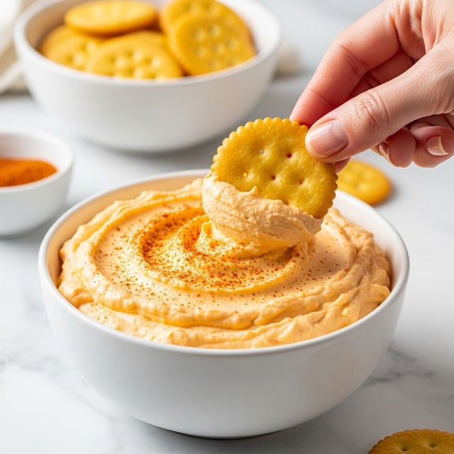 A white bowl full of thick, orange cheese spread mixed with bits of red peppers is placed on a white marbled surface. A wooden spreader sticks out from the bowl, resting on the side, mixing into the uneven, chunky cheese dip. Around the bowl, there are square, light golden crackers with small holes, and behind the bowl, there are bright green celery sticks arranged vertically. The scene feels bright and fresh. photo taken with an iphone --ar 4:5 --v 7