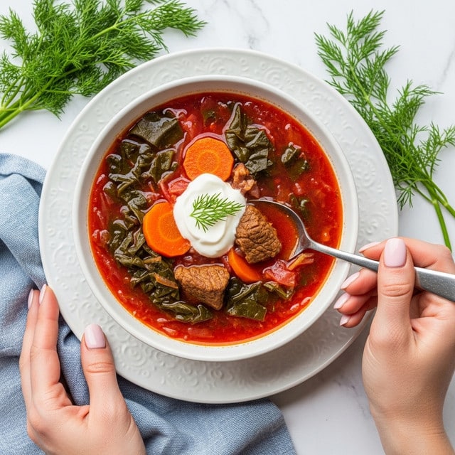 A close-up of a bowl of thick red soup filled with visible chunks of orange carrots, pieces of brown beef, and bits of green herbs, topped with a dollop of white sour cream and a small green dill sprig. The soup is in a white bowl placed on a white plate, all resting on a white marbled surface. A woman's hand with light pink nails holds the bowl, while the other woman's hand stirs the soup with a silver spoon. In the background, there is a second bowl of similar soup and a small wooden bowl of white sauce. Fresh dill leaves are seen on the white marbled surface near the bowl. Photo taken with an iphone --ar 4:5 --v 7