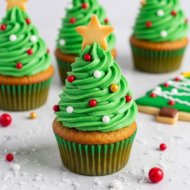 A close-up of a cupcake with three layers: the base is a golden brown cake in a green paper liner, topped with a tall swirl of bright green frosting shaped like a Christmas tree with smooth, curved ridges. The frosting tree is decorated with small, round red, white, and gold candy balls spread evenly, and it is topped with a shiny gold star cookie. The cupcake sits on a white marbled surface sprinkled with fake snow and scattered red and gold candy balls. In the background, there are three more similar cupcakes slightly blurred and a green Christmas tree-shaped cookie with red decorations. photo taken with an iphone --ar 4:5 --v 7