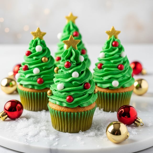 This image shows four cupcakes styled as Christmas trees on a white marbled surface covered with fake snow. Each cupcake has a golden brown base with a green paper wrapper. The tree is created with thick swirls of bright green frosting, stacked in about five visible layers that taper to a pointed top. The frosting is decorated with small round balls in red, white, and gold colors to look like ornaments evenly placed around the tree. A shiny golden star sits at the peak of each frosting tree. Red and gold ball decorations are scattered on the snowy surface around the cupcakes. The background is soft and slightly blurred to keep focus on the decorated cupcakes. Photo taken with an iphone --ar 4:5 --v 7