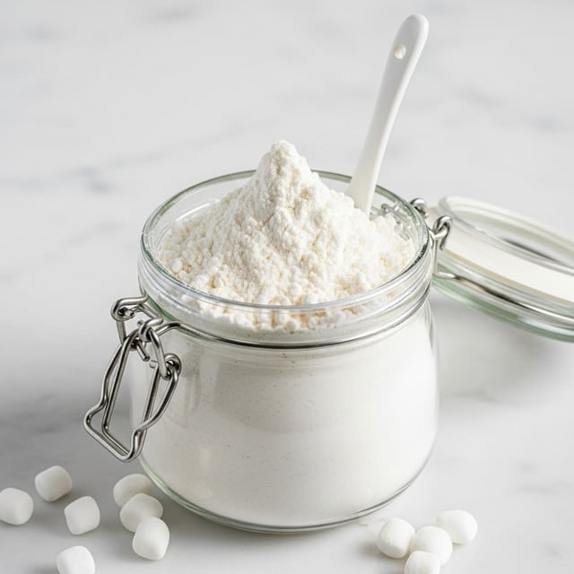 A clear glass jar filled with fine white powder packed to the top, with a small mound rising over the rim, showing a soft, powdery texture. Inside the jar, a white ceramic spoon is partially buried in the powder, standing upright. The jar has metal clasps on its sides, and it sits on a white marbled surface. Near the base of the jar, a few small white marshmallows are scattered. Photo taken with an iphone --ar 4:5 --v 7