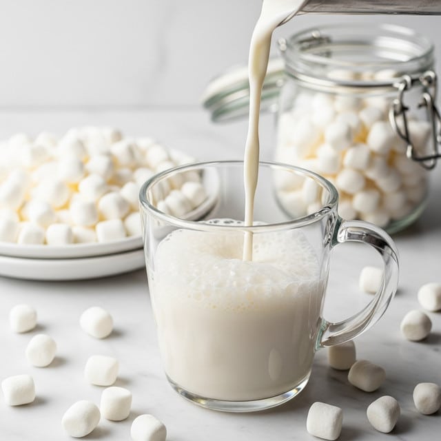 A clear glass mug with a handle is filled with frothy white liquid being poured from a metal container from the top right, creating bubbles and foam on the surface. Around the mug, small white marshmallows are scattered on a white marbled surface, with a white plate full of marshmallows in the background, alongside a glass jar with a metal latch also filled with white marshmallows, all softly lit in a bright setting. photo taken with an iphone --ar 4:5 --v 7