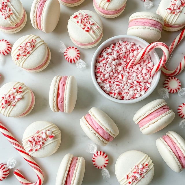 The image shows many white macarons scattered on a white marbled surface. Each macaron has two smooth white shell layers with light pink cream filling in the middle. The top shell is decorated with small pieces of crushed red and white candy canes and thin white drizzle lines. Among the macarons, there are whole red and white striped candy canes and some round, wrapped peppermint candies. In the center, there is a white bowl filled with crushed candy cane pieces and a candy cane leaning inside it. The overall look is bright and festive. photo taken with an iphone --ar 4:5 --v 7