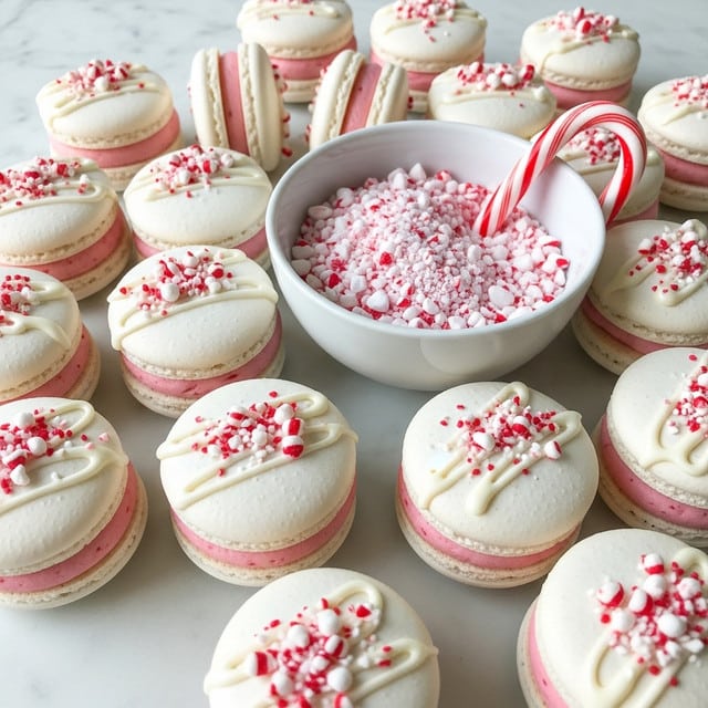 The image shows many white macarons with a light pink filling, arranged on a white marbled surface. Each macaron has two smooth white shells with tiny red peppermint sprinkles and small pieces on top, drizzled with white icing. The filling layer is slightly thicker and light pink with a soft, creamy texture. In the center, there is a white bowl filled with crushed peppermint candy and a whole candy cane resting on the edge. The overall look is clean, bright, and festive. photo taken with an iphone --ar 4:5 --v 7
