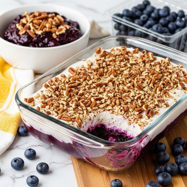 A clear glass rectangular dish shows a dessert with three visible layers: a bottom thick dark purple blueberry layer, a middle creamy off-white layer, and a top layer of chopped brown pecans spread evenly. A small portion is scooped out from the front corner, revealing the blueberry layer underneath and some creamy layer on the edges. The dish sits on a wooden surface with scattered fresh blueberries and a clear plastic container filled with blueberries in the back right. On the left side, a clear white bowl contains some of the same dessert with pecan pieces on top, placed on a white marbled textured surface with a yellow and white striped towel partially visible. Photo taken with an iphone --ar 4:5 --v 7