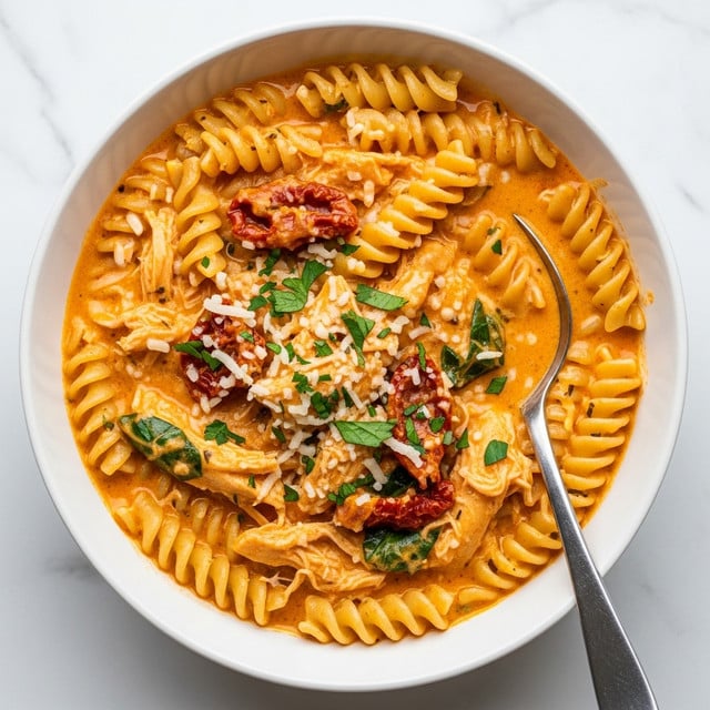 The image shows a white bowl filled with creamy orange pasta, with about two layers of spiral rotini pasta mixed with shredded chicken pieces, sun-dried tomatoes, bits of green leafy herbs, and lightly sprinkled small white cheese shreds on top. The sauce is thick and creamy, coating the pasta and chicken evenly, with a smooth, rich texture and some visible herbs mixed in. A silver spoon rests inside the bowl, partly submerged in the pasta. The bowl sits on a white marbled surface. photo taken with an iphone --ar 4:5 --v 7