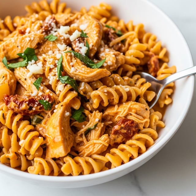 The image shows a close-up of a white bowl filled with creamy pasta. The dish has a rich orange sauce coating spiral rotini noodles, with visible pieces of cooked chicken and bits of greens mixed in. There are small shreds of white cheese sprinkled on top, melting slightly into the sauce. A silver spoon is dipping into the bowl from the right side, partially sinking into the saucy pasta. The bowl is placed on a white marbled surface, making the warm colors of the dish stand out. Photo taken with an iphone --ar 4:5 --v 7