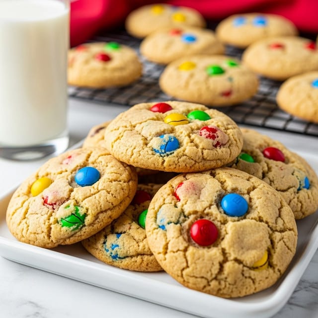A close-up view of a stack of soft cookies with small colorful candy pieces embedded throughout the golden-brown surface, showing slight cracks and a chewy texture. The cookies are piled unevenly on a white tray placed on a white marbled surface. In the background, more cookies rest on a cooling rack with a red cloth blurred behind them, and a tall glass of milk is partially visible on the left side. The image has a warm and inviting feel, focusing on the cookies' texture and colors. photo taken with an iphone --ar 4:5 --v 7