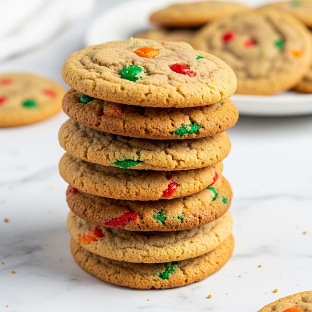 A stack of seven cookies with a light brown color and a slightly crispy texture is shown on a surface with a white marbled texture. Each cookie is dotted with small colorful bits, including red, green, and orange pieces, giving the cookies a festive, fun look. The cookies are thick but soft, with some crumbs visible on the edges. In the background, there is a white plate holding more cookies, slightly out of focus. The overall look is warm and inviting, suggesting fresh, homemade treats. photo taken with an iphone --ar 4:5 --v 7