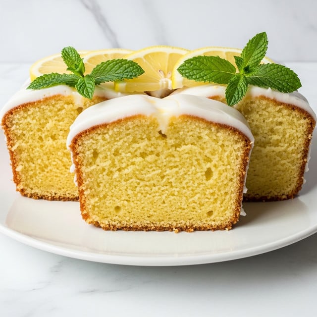The image shows three thick slices of lemon cake arranged side by side on a white plate, each slice displaying a soft yellow crumb with a fine, moist texture. On top of each slice is a thin layer of smooth white icing that gently drips down the sides. At the top edge of the cake slices, there are fresh light yellow lemon slices and bright green mint leaves placed as garnish. The plate is set on a white marbled surface, providing a clean and bright background. photo taken with an iphone --ar 4:5 --v 7