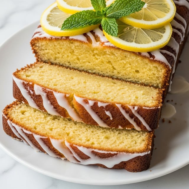A close-up view of three thick slices of lemon pound cake stacked slightly overlapping on a white plate, each slice showing a moist, dense yellow crumb with a slightly golden crust on the edges. A thin, white glaze is drizzled evenly across the top of the slices, adding a shiny, smooth texture that contrasts with the cake. The top cake slice is decorated with thin, bright yellow lemon slices and fresh green mint leaves that add a pop of color and freshness. The plate is set on a white marbled surface. photo taken with an iphone --ar 4:5 --v 7