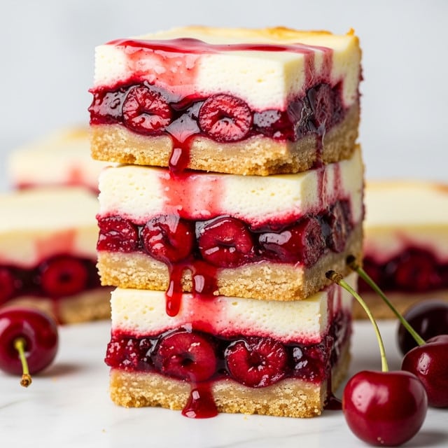 The image shows a stack of four square dessert bars, each with three distinct layers. The bottom layer is a golden-brown cookie crust that looks firm and slightly crumbly. The middle layer features a rich, deep red cherry filling with visible chunks of cherries, giving a juicy and glossy texture. The top layer is a creamy, off-white cheesecake topping that is smooth and thick, slightly melting into the cherry layer below. Some of the cherry filling drips down the sides, adding a vibrant contrast to the light cheesecake and golden crust. The bars are stacked unevenly on a white marbled surface, with a few fresh cherries scattered around them. Photo taken with an iphone --ar 4:5 --v 7