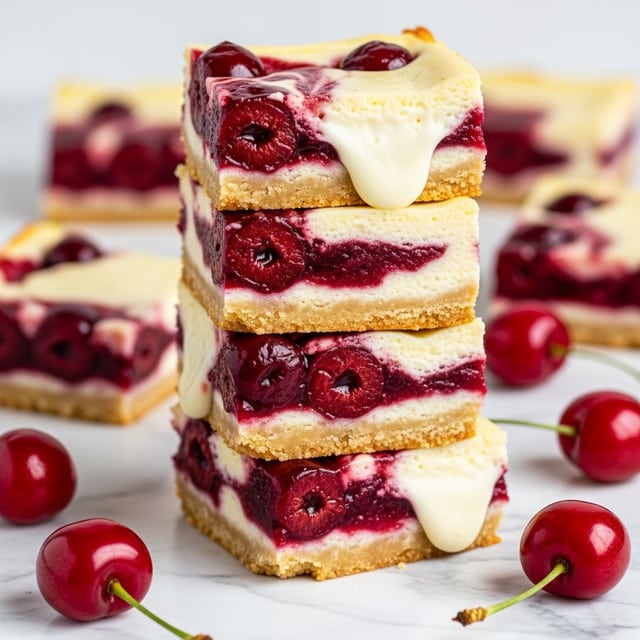 A stack of four square cherry cheesecake bars is shown, each bar having three visible layers: the bottom layer is a light golden-brown crust, the middle layer is thick and glossy dark red cherry filling with whole cherries, and the top layer is creamy off-white cheesecake with a slightly melted texture. The cherry filling slightly oozes into the cheesecake layer, creating a marbled effect on the surface of the bars. Around the stack, a few whole cherries with shiny, deep red skin rest on a white marbled surface. photo taken with an iphone --ar 4:5 --v 7