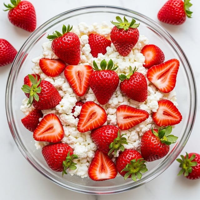A clear glass bowl filled with a fresh mix of bright red strawberries, some whole with green tops and some sliced showing their juicy, seed-speckled inside, layered with creamy white cottage cheese that has a slightly lumpy texture. The strawberries and cottage cheese are mixed evenly, creating a colorful contrast between the red fruit and the white cheese. The bowl sits on a surface with a white marbled texture, and there are a few whole strawberries scattered around it. The lighting highlights the freshness and softness of the ingredients. Photo taken with an iphone --ar 4:5 --v 7