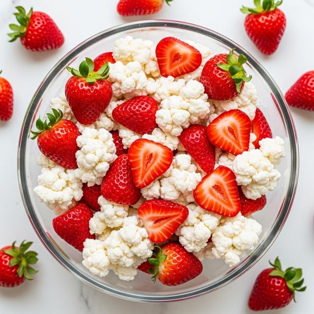A clear glass bowl filled with a mix of white, creamy textured clusters and fresh bright red strawberries, some whole with green tops and some sliced to show the juicy, speckled inside. The white creamy pieces are uneven and chunky, blending closely with the strawberries to create a contrast of red and white throughout the bowl. The bowl sits on a white marbled surface with a few whole strawberries scattered around it, enhancing the fresh and light feel of the dish. photo taken with an iphone --ar 4:5 --v 7