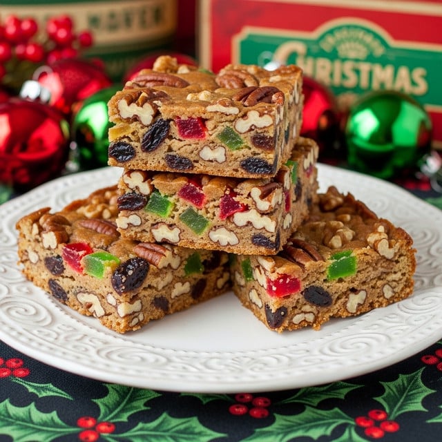 The image shows three thick rectangular bars stacked on a white ornate plate. Each bar has a rough texture filled with colorful pieces of red and green candied fruit, dark raisins, and chunks of nuts like pecans and walnuts, all mixed into a light brown mixture. The bars have visible layers of fruit and nuts spread evenly throughout. The plate sits on a dark cloth with holly and berry patterns, and in the background, there are shiny red and green Christmas ornaments along with a red vintage-style box with green and white text. The photo taken with an iphone --ar 4:5 --v 7