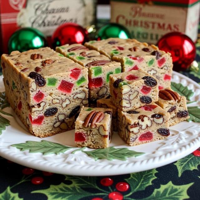 The image shows a close-up of old-fashioned no-bake icebox fruitcake cut into rectangular and smaller cube pieces, placed on a decorative white plate with a leaf and basket weave pattern on the edges. The fruitcake has one visible thick layer filled with a mix of bright red and green candied fruit pieces, dark raisins, pecans, and light brown nut pieces, all embedded in a crumbly beige batter. The plate sits on a table with a dark cloth featuring green leaves and red berries, while festive Christmas ornaments in shiny red and green balls, along with a Christmas-themed box with vintage writing, appear blurred in the background. photo taken with an iphone --ar 4:5 --v 7