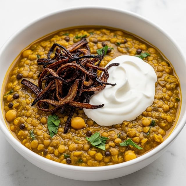 A close-up of a deep white bowl filled with a thick yellow lentil and chickpea stew mixed with green herbs and small dark lentils, topped with a swirl of white yogurt placed slightly off-center on the right. Scattered on top are dark, crispy fried onion strips adding a rich brown contrast over the textured stew. The bowl rests on a white marbled surface, highlighting the colors and textures of the dish. photo taken with an iphone --ar 4:5 --v 7