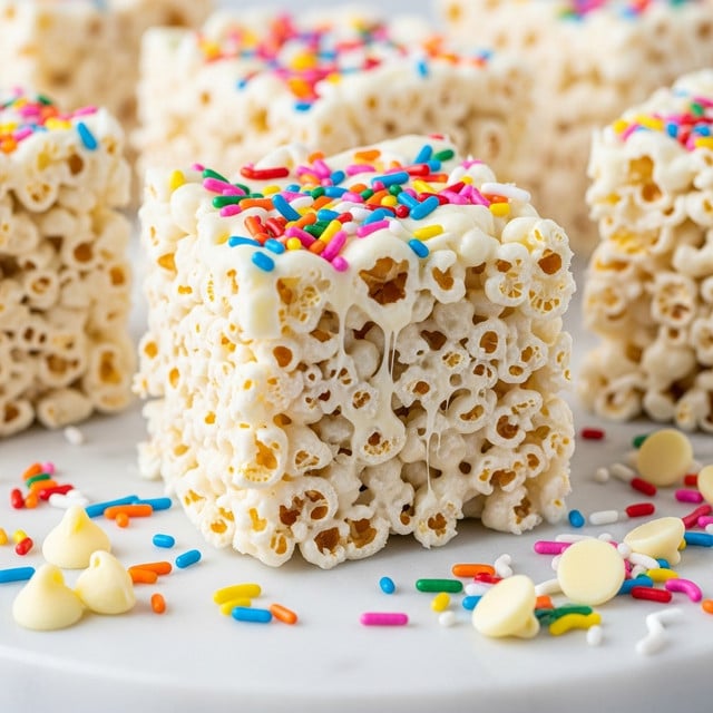 The image shows close-up pieces of a white popcorn treat with melted white chocolate holding them together, sprinkled with small colorful rainbow sprinkles on top and scattered around, creating a festive look. The popcorn pieces are clumped in thick layers with gooey white chocolate strings visible between the kernels, giving it a sticky texture. The treats are cut into square shapes and placed on a white marbled surface with extra white chocolate chips and sprinkles around. The bright colors of the sprinkles contrast with the creamy white popcorn and chocolate mix. Photo taken with an iphone --ar 4:5 --v 7