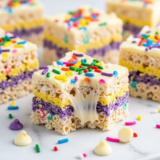 The image shows close-up squares of white chocolate-coated popcorn treats with colorful sprinkles scattered on top and around them. The treats have three visible layers: a white, glossy chocolate coating covering the light, airy popcorn, with bits of bright red, yellow, green, blue, and purple sprinkles mixed in and on the surface. The popcorn squares sit on a white marbled textured surface with some white chocolate chips scattered nearby, and one square in the center has a stretchy, melted texture showing gooey threads of the chocolate. Photo taken with an iphone --ar 4:5 --v 7