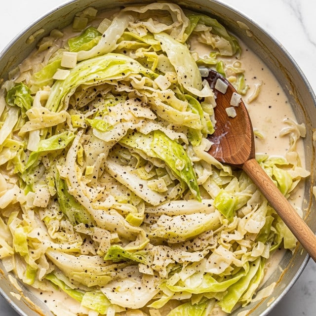 A close-up view of a dish inside a round pan filled with creamy cooked cabbage mixed with small pieces of leek or onion. The cabbage leaves are light green and white, soft and layered unevenly, sitting in a thick, pale creamy sauce sprinkled with black pepper. A wooden spoon is partially buried in the mixture, resting on the right side of the pan. The background is a white marbled texture. Photo taken with an iphone --ar 4:5 --v 7