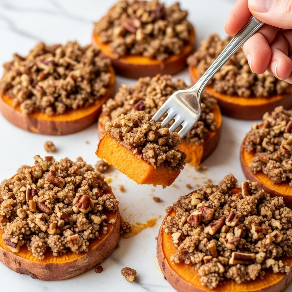 The image shows several thick round slices of sweet potato topped with a crumbly pecan and brown sugar mixture. Each slice is deep orange in color with soft texture, placed on a white marbled surface. The topping is golden brown with visible pieces of chopped pecans, giving a crunchy look. A silver fork held by a woman's hand has lifted one piece, showing the smooth orange inside and crumbled topping clearly. The bright orange contrasts nicely with the brown nut topping and the light background. photo taken with an iphone --ar 4:5 --v 7