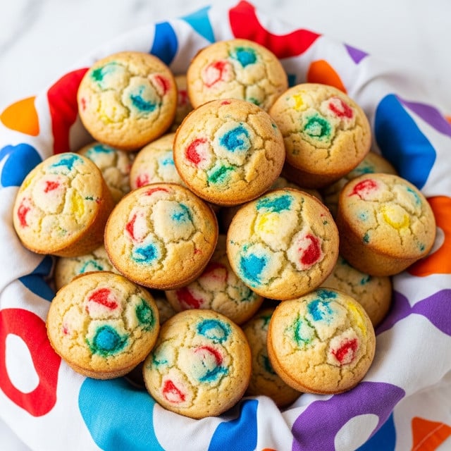 A basket filled with many small, round mini muffins that have a golden-brown base and light cream tops speckled with colorful bits of red, blue, green, and yellow. The basket is lined with a white cloth decorated with bright red, blue, orange, and purple patterns. The muffins are piled up closely together, showing a soft and fluffy texture on top and firmer, baked sides. The background is a white marbled texture. Photo taken with an iphone --ar 4:5 --v 7