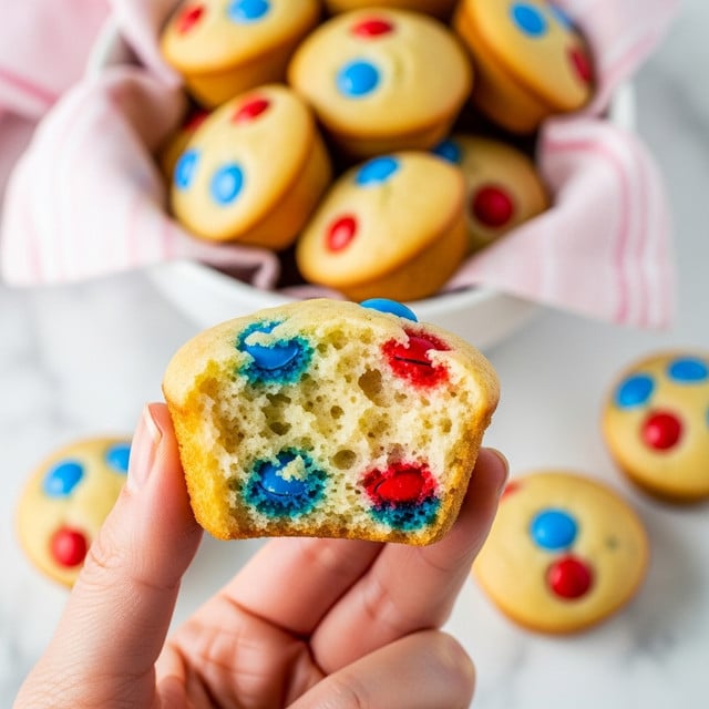 A close-up view of a small, half-eaten vanilla mini muffin held by a woman's hand, showing a soft, light beige interior with colorful blue and red candy pieces scattered inside. In the background, more mini muffins with a golden brown color sit in a white bowl lined with a pink and white cloth, all placed on a white marbled surface. The muffin’s texture appears moist and fluffy with a slightly crisp edge. photo taken with an iphone --ar 4:5 --v 7