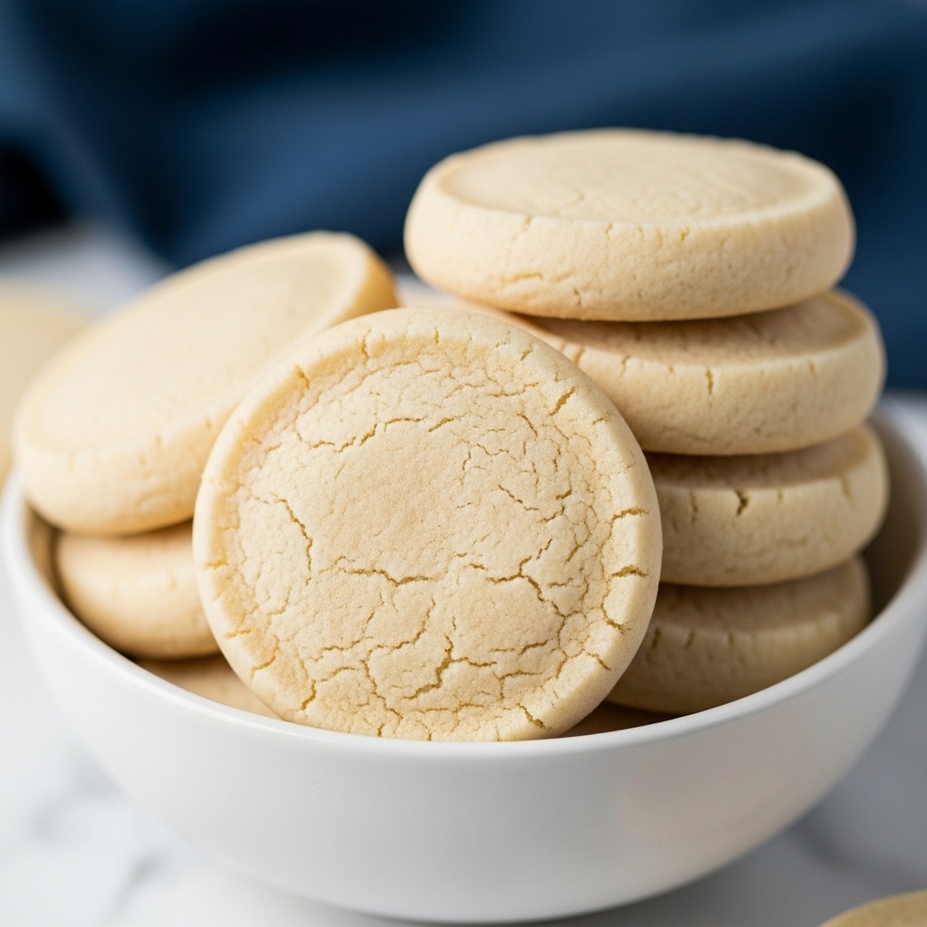 The image shows a close-up of many small, round cookies that are light golden in color, neatly stacked inside a white ceramic bowl. The cookies have a smooth, slightly grainy texture and soft edges, closely packed with some leaning against each other and the side of the bowl. The background is a soft-focused dark blue cloth resting on a white marbled surface, adding gentle contrast to the light cookies and bowl. Overall, the scene is bright and airy with a simple and clean look. photo taken with an iphone --ar 4:5 --v 7