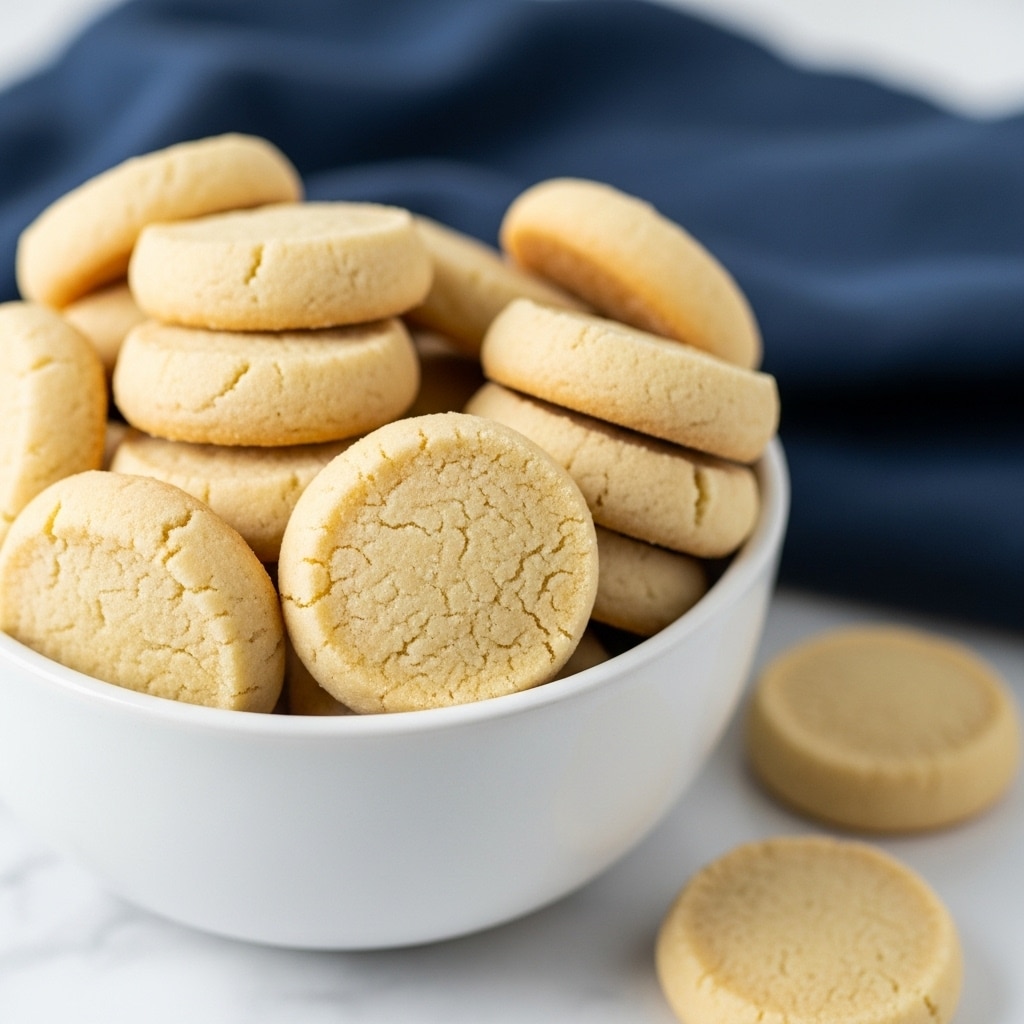 A close-up photo shows a stack of smooth, light beige round cookies inside a white bowl. The cookies have a soft texture and are closely piled so that several edges overlap, with the front cookie standing up clearly and others visible behind it. The bowl sits on a white marbled surface, and in the soft background, there is a dark blue cloth that adds contrast but stays out of focus. The image gives a clean, simple, and cozy feeling. photo taken with an iphone --ar 4:5 --v 7