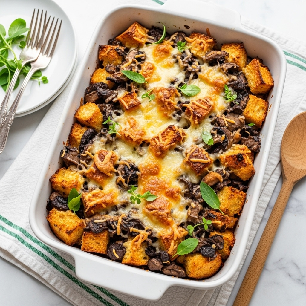 The image shows a white rectangular baking dish filled with a baked casserole that has a golden brown crust on top, uneven and bubbly with melted cheese and browned bits. The casserole layers include crispy and soft chunks of bread mixed with dark brown sautéed mushrooms, all topped with melted creamy cheese and garnished with fresh green herb leaves and small sprigs. The dish sits on a white marbled surface with a white and green striped cloth underneath it, alongside a wooden spoon on the right, and two silver forks on a white plate with green herb sprigs on the left. Photo taken with an iphone --ar 4:5 --v 7