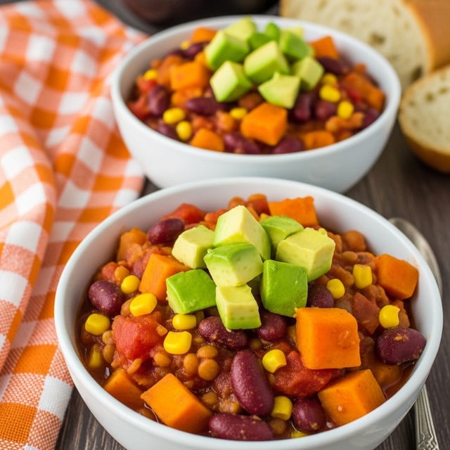 Two white bowls are filled with a thick stew made of kidney beans, corn, diced tomatoes, and sweet potato chunks, creating a rich mix of red, orange, and yellow colors. Each bowl is topped with fresh green avocado cubes for a fresh contrast. The bowls sit on a dark wooden surface next to an orange and white checkered cloth and a piece of sliced bread in the background. Photo taken with an iphone --ar 4:5 --v 7