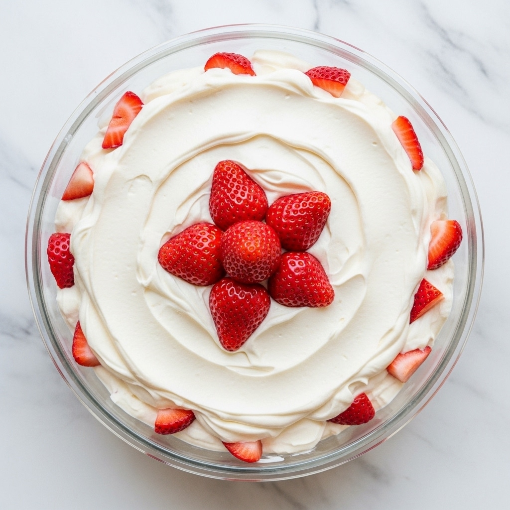 A round glass bowl filled with a thick, creamy dessert that has visible chunks of red strawberries mixed evenly throughout. The top layer is a fluffy cream spread smoothly with several whole and sliced strawberries arranged in the center, adding bright red and green colors on the white cream. The bowl is placed on a white marbled surface. photo taken with an iphone --ar 4:5 --v 7