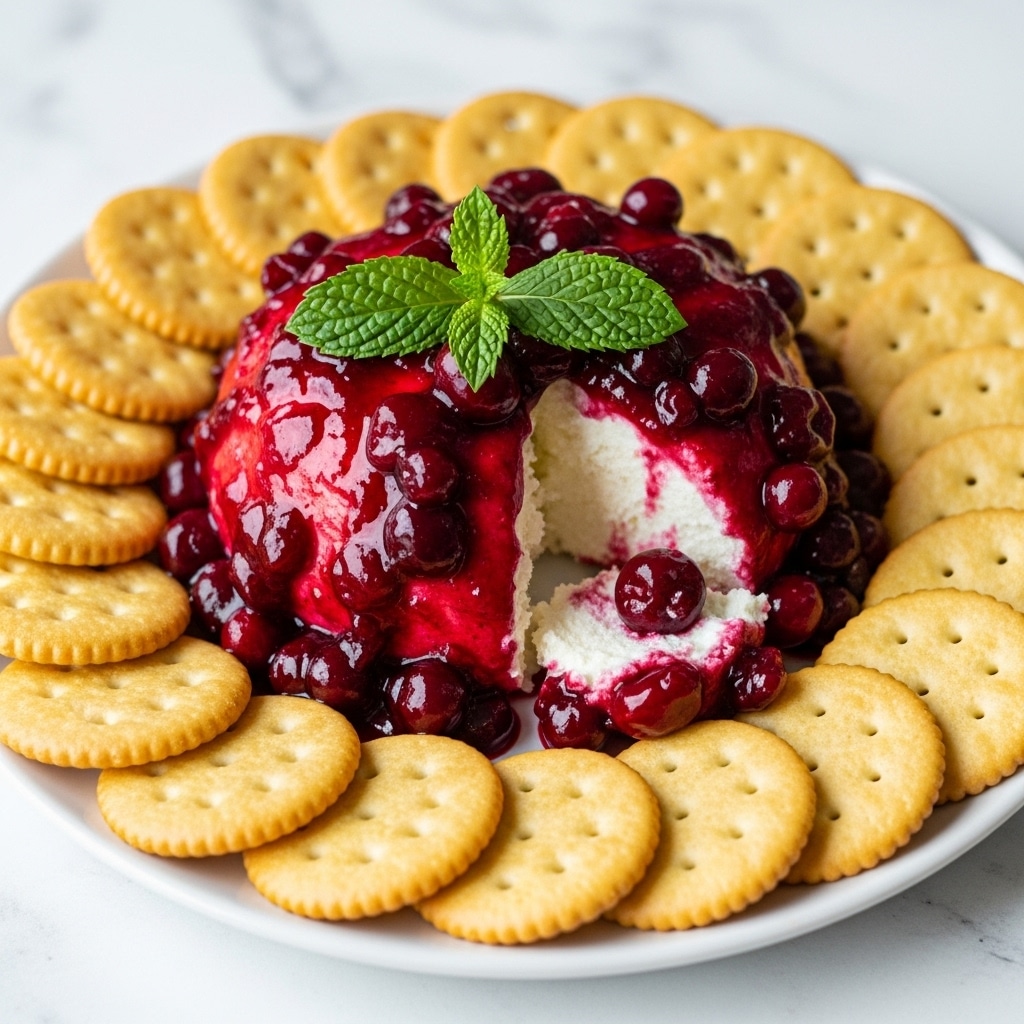 The dish shows a white plate with a soft cheese ball covered in a thick, glossy deep red berry sauce with visible berry chunks, placed at the center. The cheese ball has a creamy white texture inside, seen from a small section where the sauce is slightly spread. A fresh green mint leaf decorates the top of the cheese ball. Around the plate are light golden round crackers arranged in a circular pattern on a white marbled surface. photo taken with an iphone --ar 4:5 --v 7