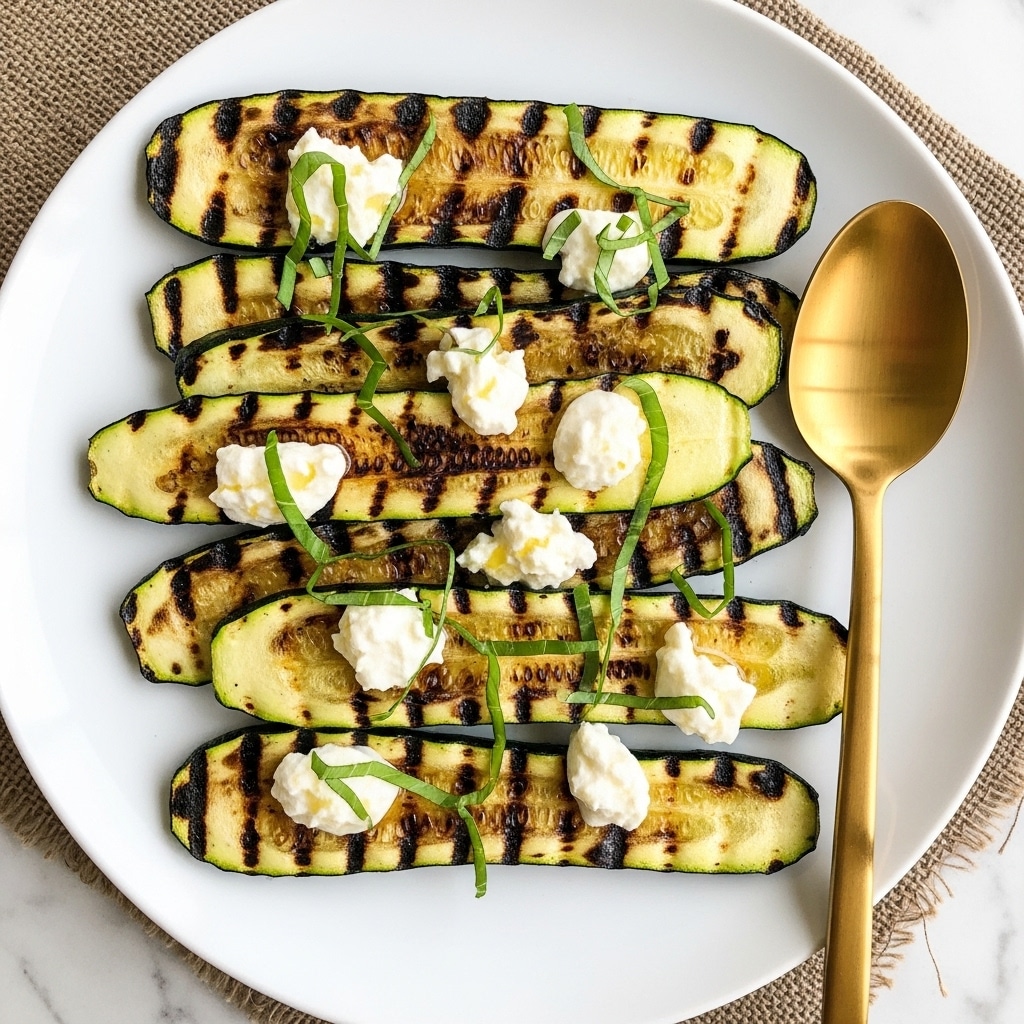 A white plate is filled with about ten thin, long slices of grilled zucchini arranged side by side, each slice showing charred dark grill lines and a light green-yellow color. Small dollops of soft white cheese are scattered over the zucchini slices along with thin strips of fresh green basil leaves evenly spread on top. To the right side of the plate, there is a shiny gold spoon resting partly on the plate and the white marbled surface underneath. The plate is set on a piece of rough brown woven fabric. photo taken with an iphone --ar 4:5 --v 7