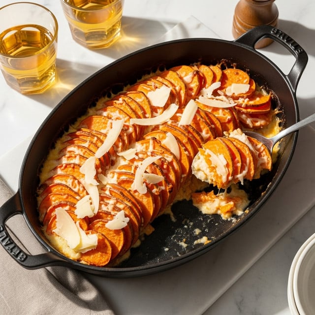 A black oval baking dish on a white marbled surface holds a layered sweet potato gratin, with thin orange sweet potato slices stacked tightly in about four visible layers, some edges browned and crisped. The top layer is garnished with pale cream-colored thin cheese shavings scattered unevenly. A spoon is scooping a portion from the right side, revealing creamy, cheesy sauce underneath the sweet potato layers. Warm sunlight highlights the textures and colors, with two glasses of light golden liquid and a pepper grinder nearby. Photo taken with an iphone --ar 4:5 --v 7