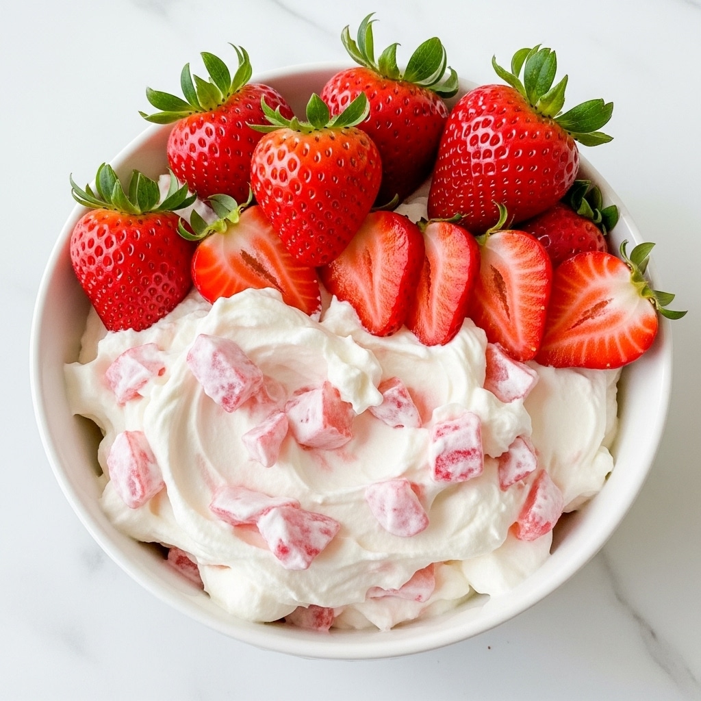 A white bowl filled with a creamy mix that has visible soft white whipped cream whipped with pieces of red strawberries throughout, giving it a slightly pink texture in some places; on top, there is a cluster of fresh bright red strawberries, some whole with green leaves, and others sliced, adding a fresh and juicy layer. The bowl sits on a white marbled surface. photo taken with an iphone --ar 4:5 --v 7
