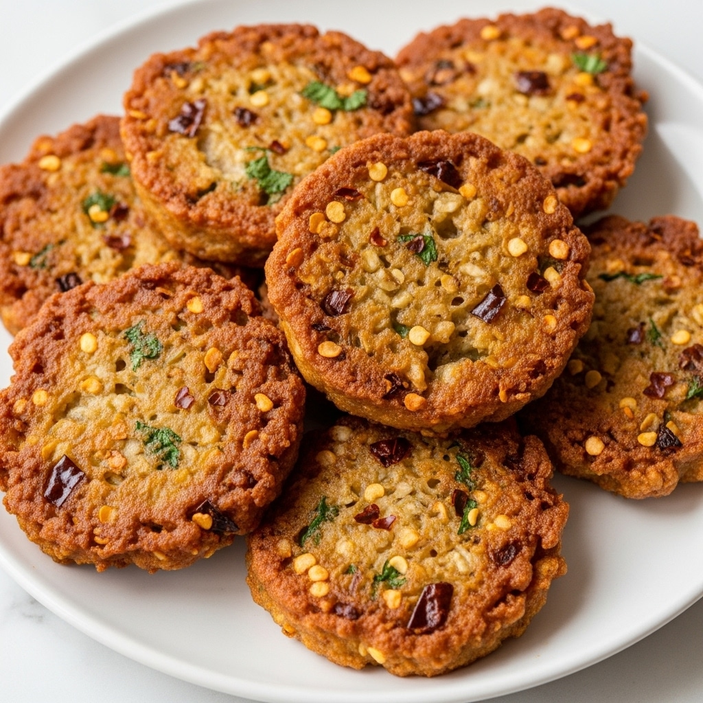 A white plate holds a stack of golden-brown, round fritters with a slightly crispy texture. Each fritter has a rough surface dotted with small bits of dark brown, green herbs, and red chili flakes, giving a speckled look. They are thin with slightly uneven edges, and the fritters are piled unevenly so some edges overlap others. The lighting highlights the shiny, fried surface showing tiny bubbles and a crunchy appearance. The background is a white marbled texture. photo taken with an iphone --ar 4:5 --v 7