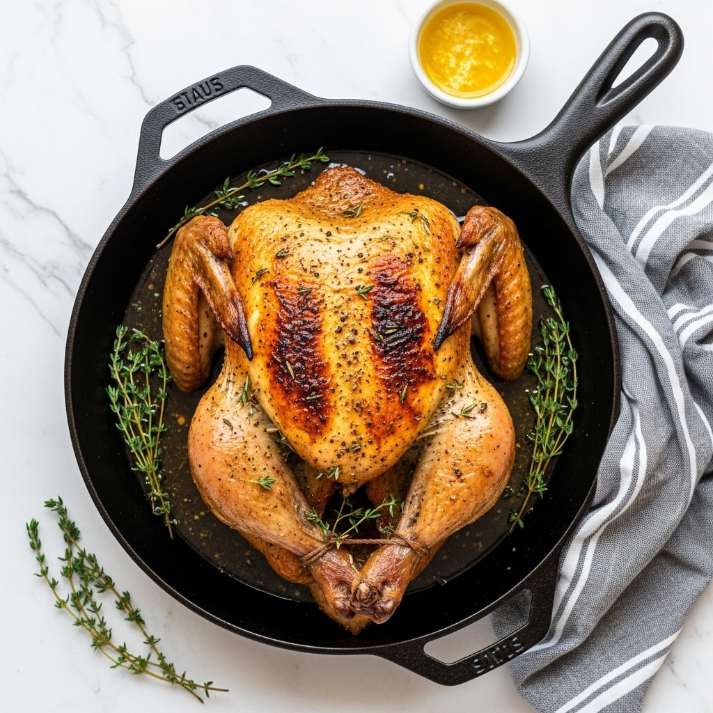A whole roasted chicken sits in the center of a black cast iron pan, showing a crispy skin with a golden-brown and slightly charred surface, speckled with black pepper and herbs like thyme. The chicken's legs are crossed at the bottom, and the wings rest close to the body with a rich, darkly roasted color. Fresh fresh thyme sprigs lie beneath and around the chicken, adding a touch of green. The pan is slightly shiny with cooking juices that glisten, and the setup is on a white marbled texture with a small white bowl containing a yellow butter or oil mixture placed near the top edge. A gray and white striped towel is folded at the side photo taken with an iphone --ar 4:5 --v 7